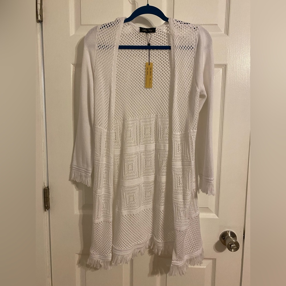 Mid length white cardigan